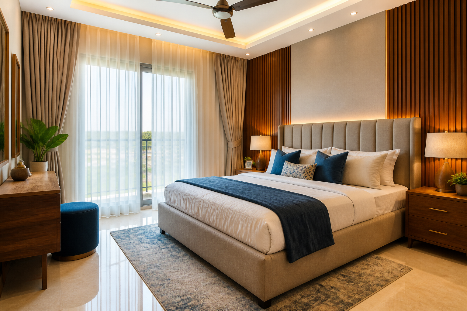 Modern bedroom interior with wood accents and soft daylight