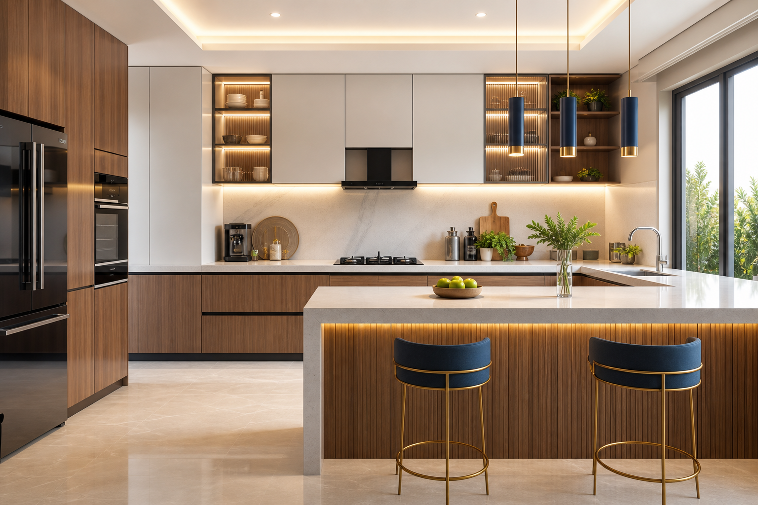 Modern modular kitchen with island counter and natural light