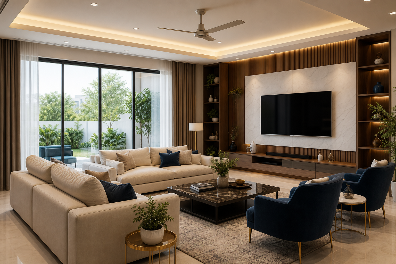 Modern living room interior with warm lighting and premium finishes